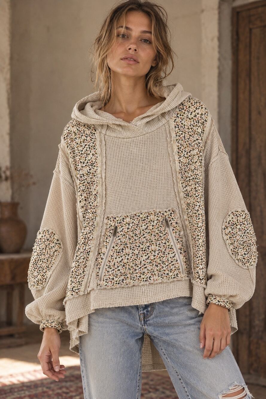 POL Oversized Waffle Thermal Floral Patchwork Hoodie Cottagecore Raw Edge Size L